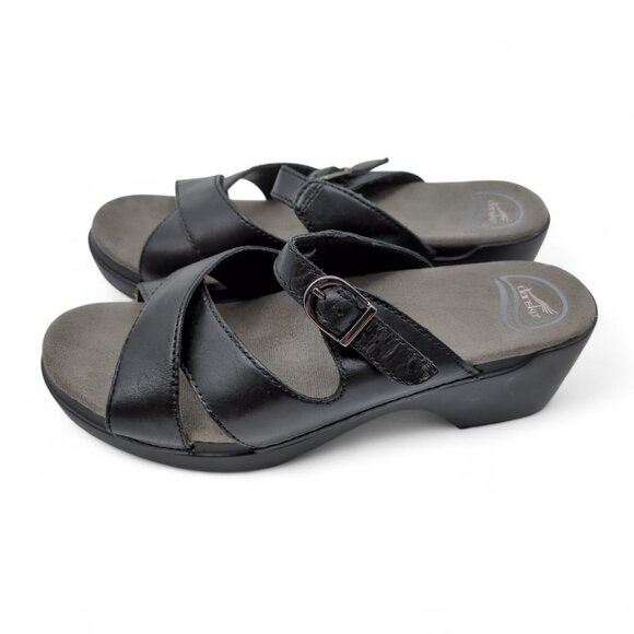 Dansko Black Leather Wedge Sandals Sz 41 US 10.5-11 Comfort Slip On Buckle Sela - Picture 1 of 10